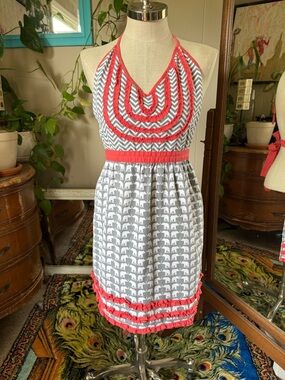 Cynthia Rowley Ruffle Coral-Trim Grey & White Elephant Print Apron